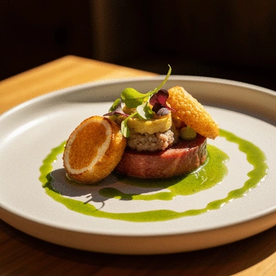 Delicious unique dish from a hidden gem restaurant, close-up, warm lighting