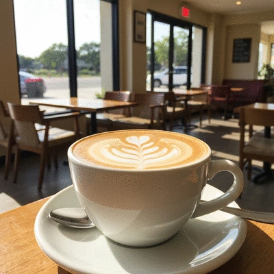 A beautifully crafted latte with intricate latte art, set in a cozy Fort Myers coffee shop, natural light, no text, no words, no typography, clean image