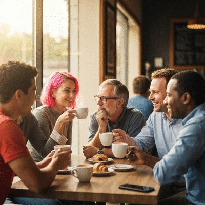 Friends enjoying coffee and conversation at a local Fort Myers cafe, warm inviting atmosphere, no text, no words, no typography, clean image