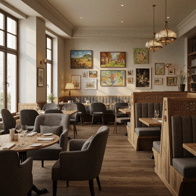 Cozy, inviting restaurant interior with soft lighting and local art