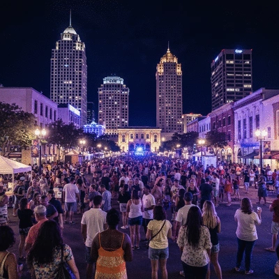 Fort Myers skyline at night with vibrant lights and a diverse crowd enjoying entertainment, no text, no words, no typography