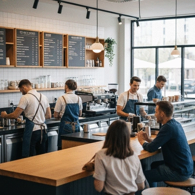 Modern coffee shop interior with baristas preparing drinks and customers socializing, bright and inviting atmosphere, no text, no words, no typography, 8K