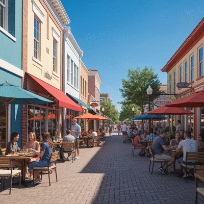 Downtown Fort Myers street scene with outdoor dining, vibrant atmosphere