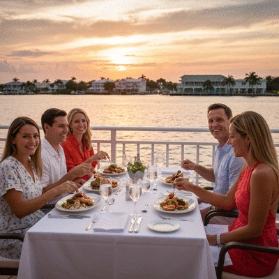 Diners enjoying a fresh seafood meal on a waterfront patio in Fort Myers with a beautiful sunset view