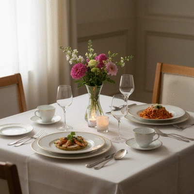 Table with various dishes from different cuisines, perfectly arranged