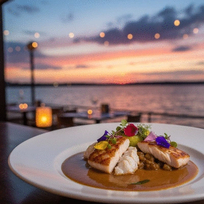 Deliciously prepared seafood dish on a white plate with a blurred waterfront background