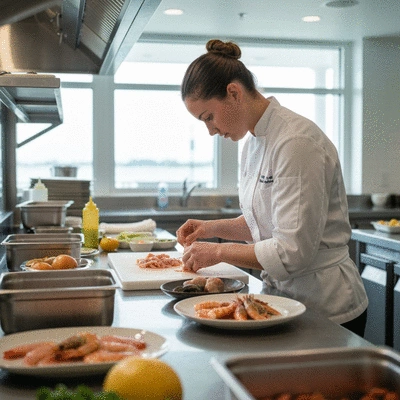 Chef preparing fresh seafood dish in a modern Fort Myers restaurant kitchen with local ingredients