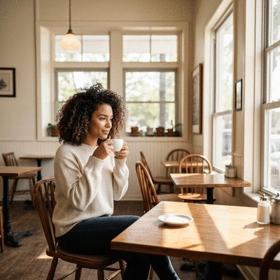 Person enjoying a cup of coffee in a cozy Fort Myers cafe, natural light, no text, no words, no typography, clean image