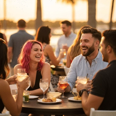 Group of friends laughing and mingling at a lively outdoor happy hour in Fort Myers, with drinks and appetizers on tables, no text, no words, no typography, 8K