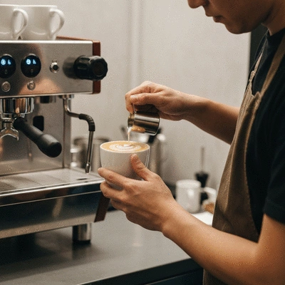 A barista skillfully pouring a unique latte in a modern coffee shop, focus on hands and coffee, soft lighting, no text, no words, no typography, clean image