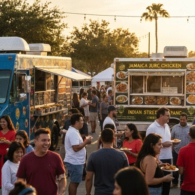 Vibrant Fort Myers food truck scene with people enjoying diverse cuisine