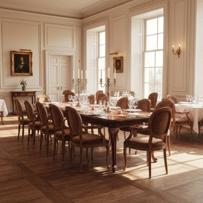 Elegant dining room with beautifully set tables and soft lighting